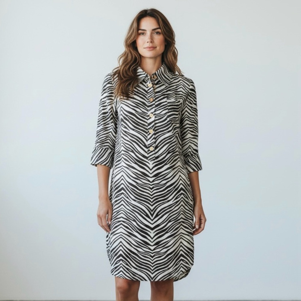 Milly Of New York Silk Zebra Print Brown and Off White Midi Shirt Dress